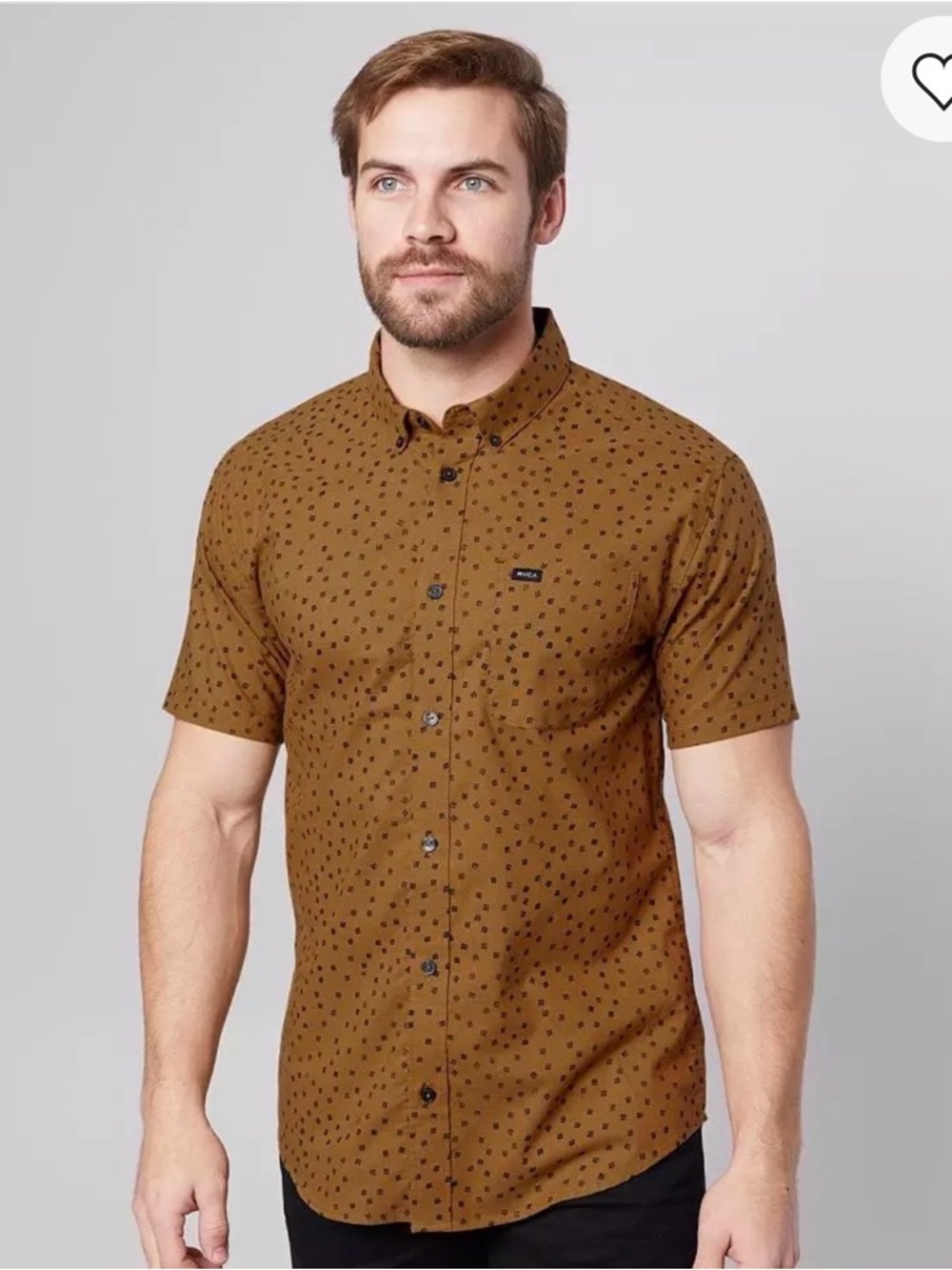 RVCA Men's Short Sleeve Button Down Shirt Brass Sz XL That'll Do Printed Stretch